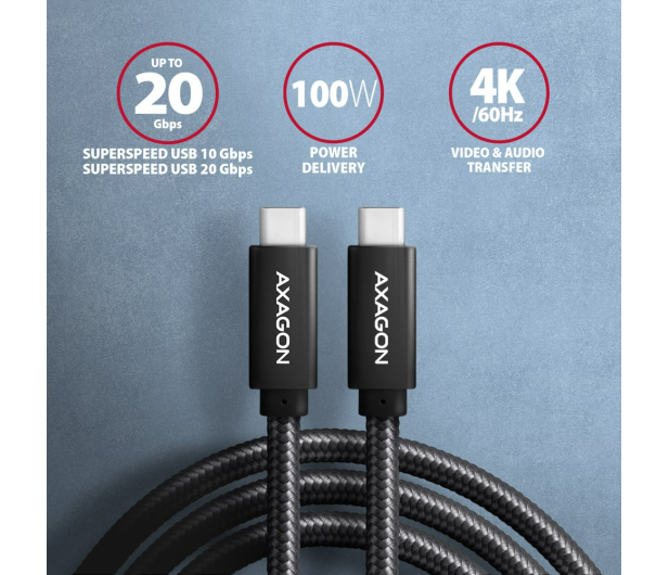 AXAGON BUCM32-CM20AB Kabel USB-C - USB-C 3.2 Gen 2, 2m, PD 100W, 5A, 4K HD, ALU, oplot, czarny - 1353478 - zdjęcie 2